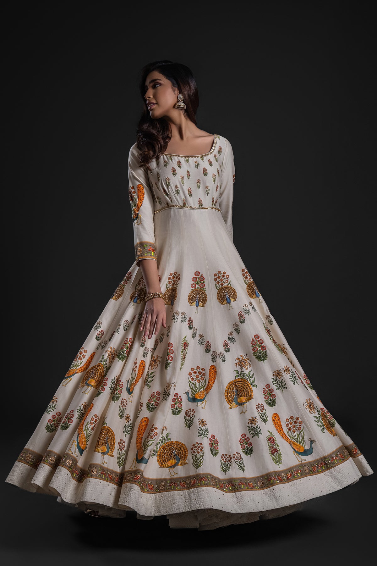 Ivory Anarkali Set With Chudidar And Organza Dupatta