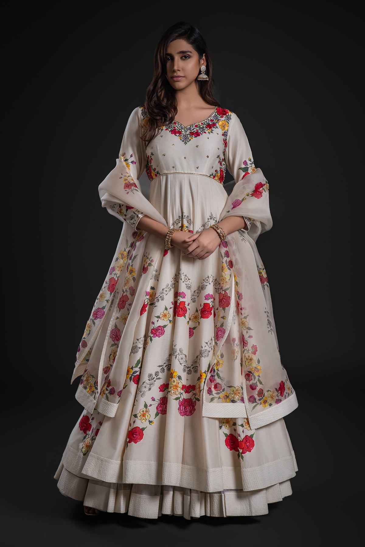 Ivory Anarkali Set With Churidar And Organza Dupatta