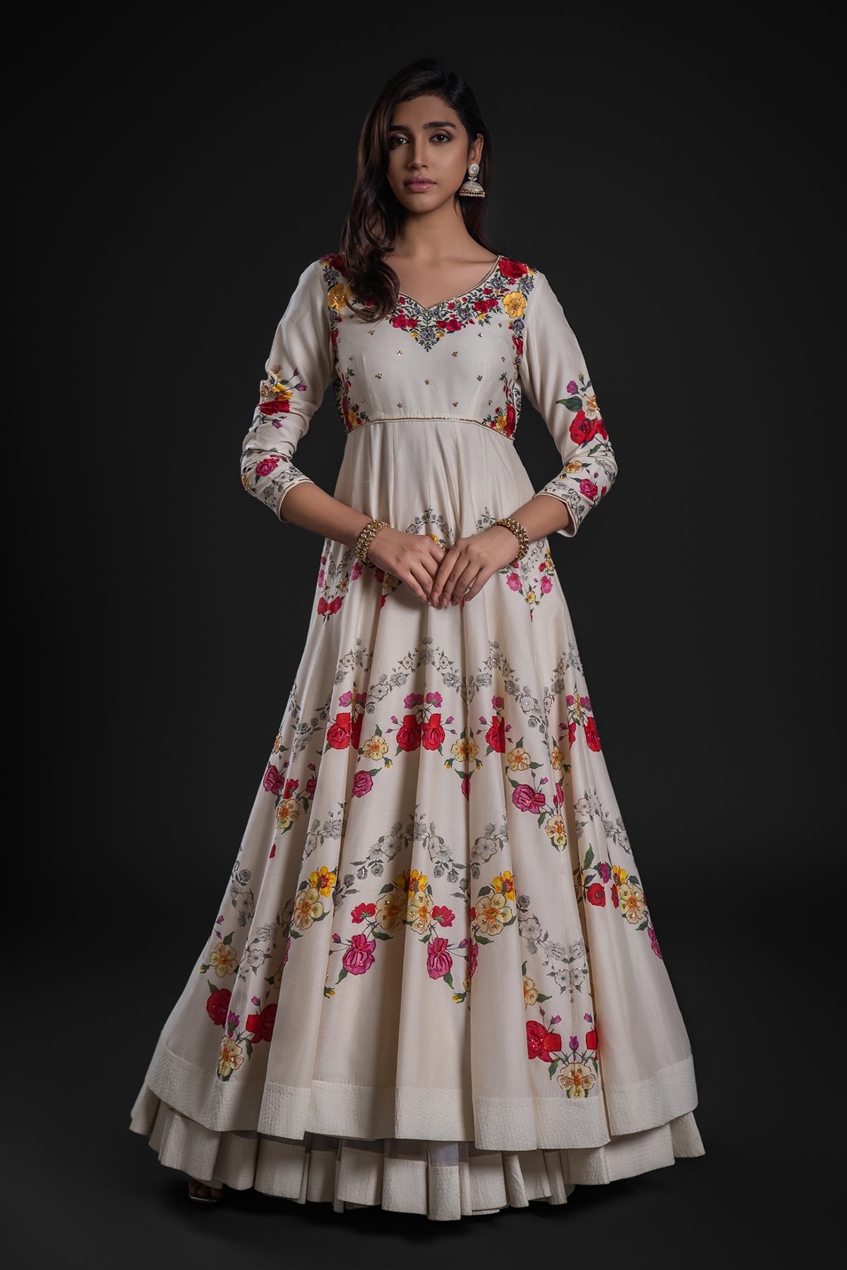 Ivory Anarkali Set With Churidar And Organza Dupatta