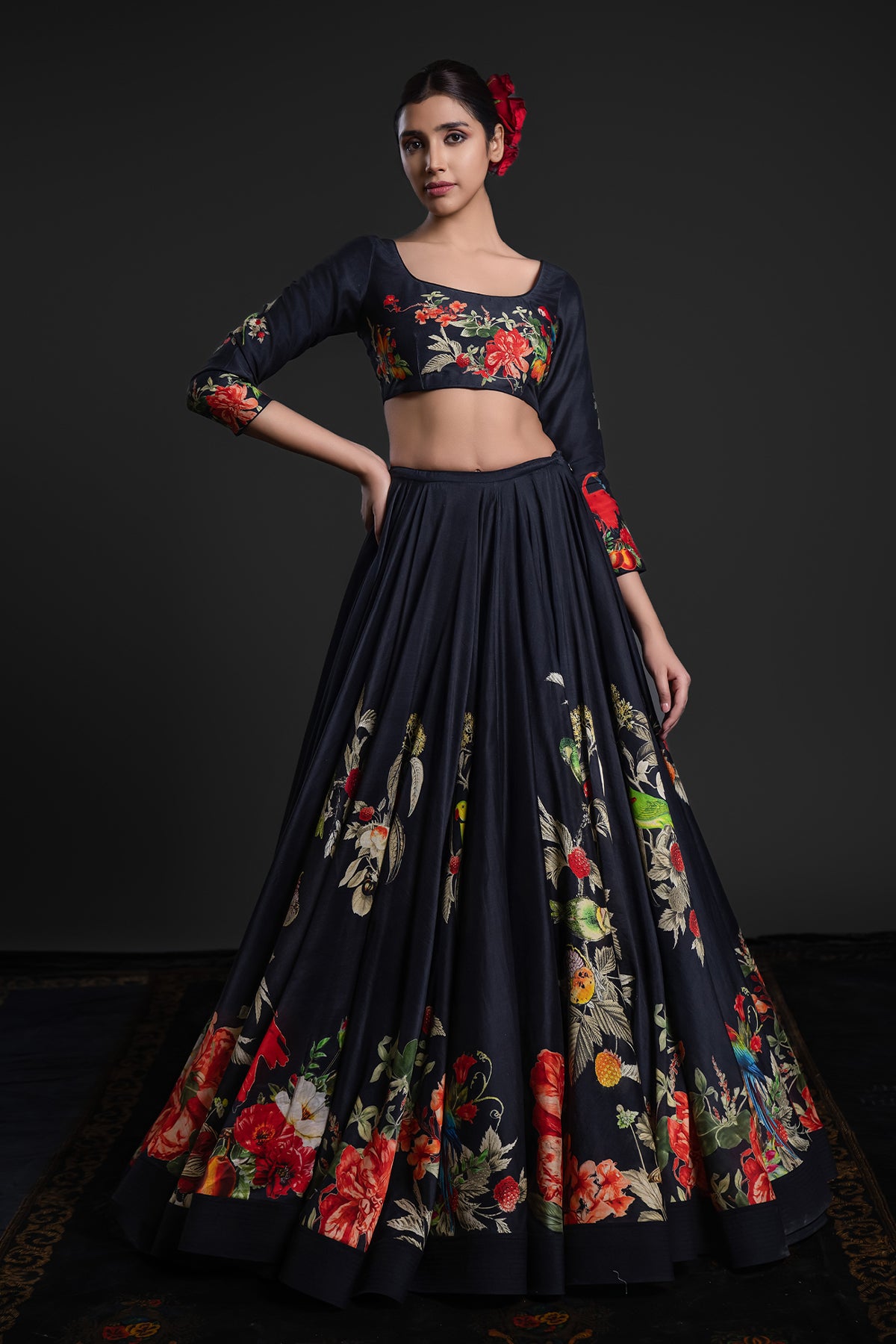 Black Chanderi Lehenga Set With Intricate Embroidery