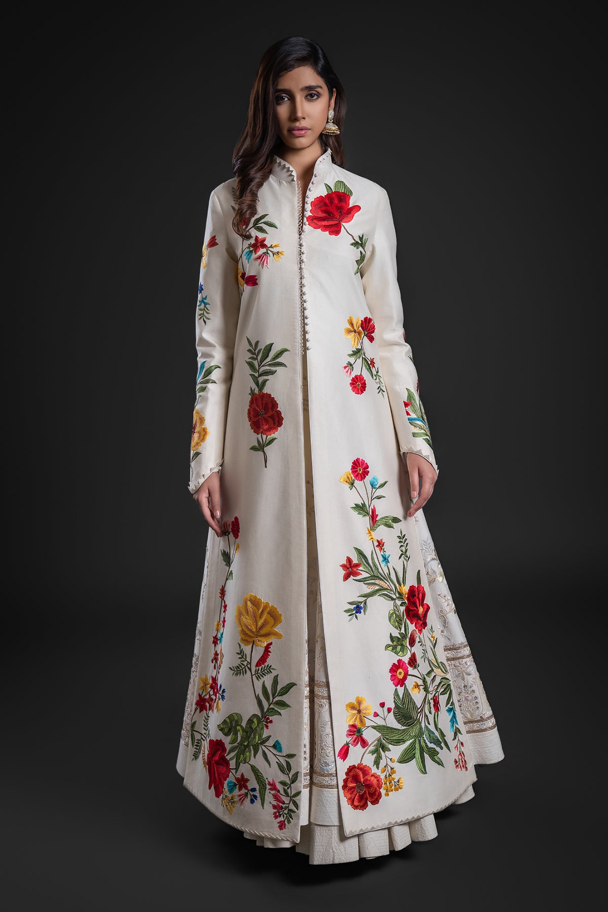 Elegant Ivory Long Jacket In Chanderi With Embroidery And Print