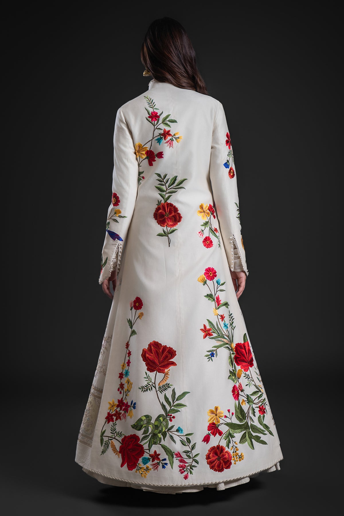 Elegant Ivory Long Jacket In Chanderi With Embroidery And Print