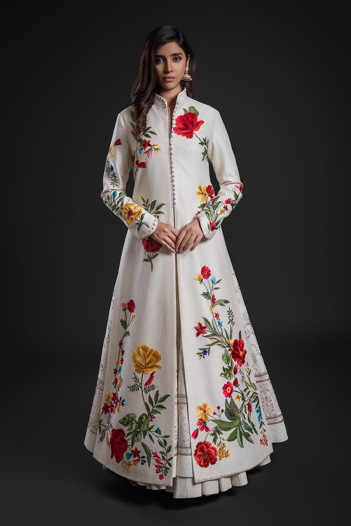 Elegant Ivory Long Jacket In Chanderi With Embroidery And Print