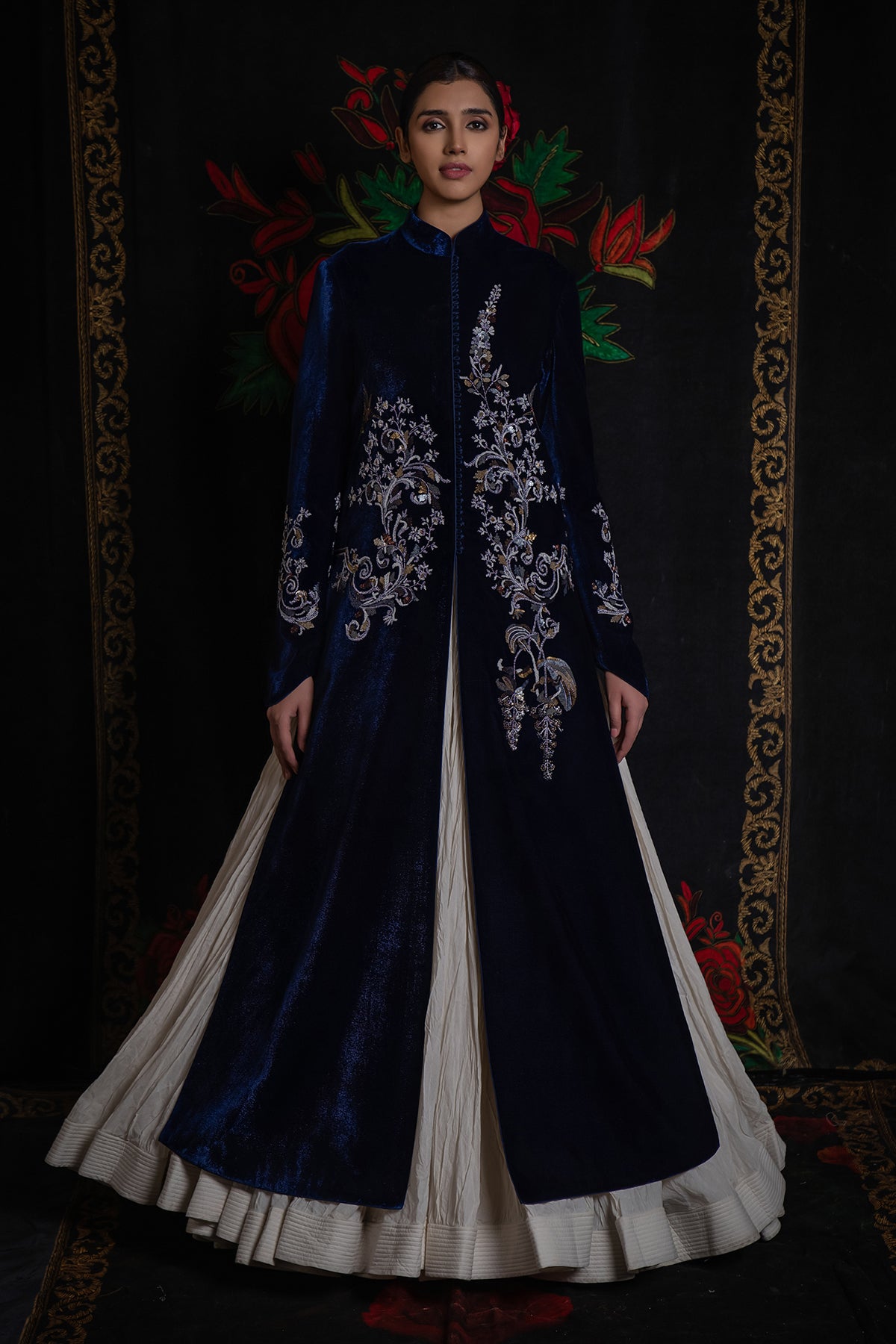 Indigo Long Velvet Jacket With Embroidery