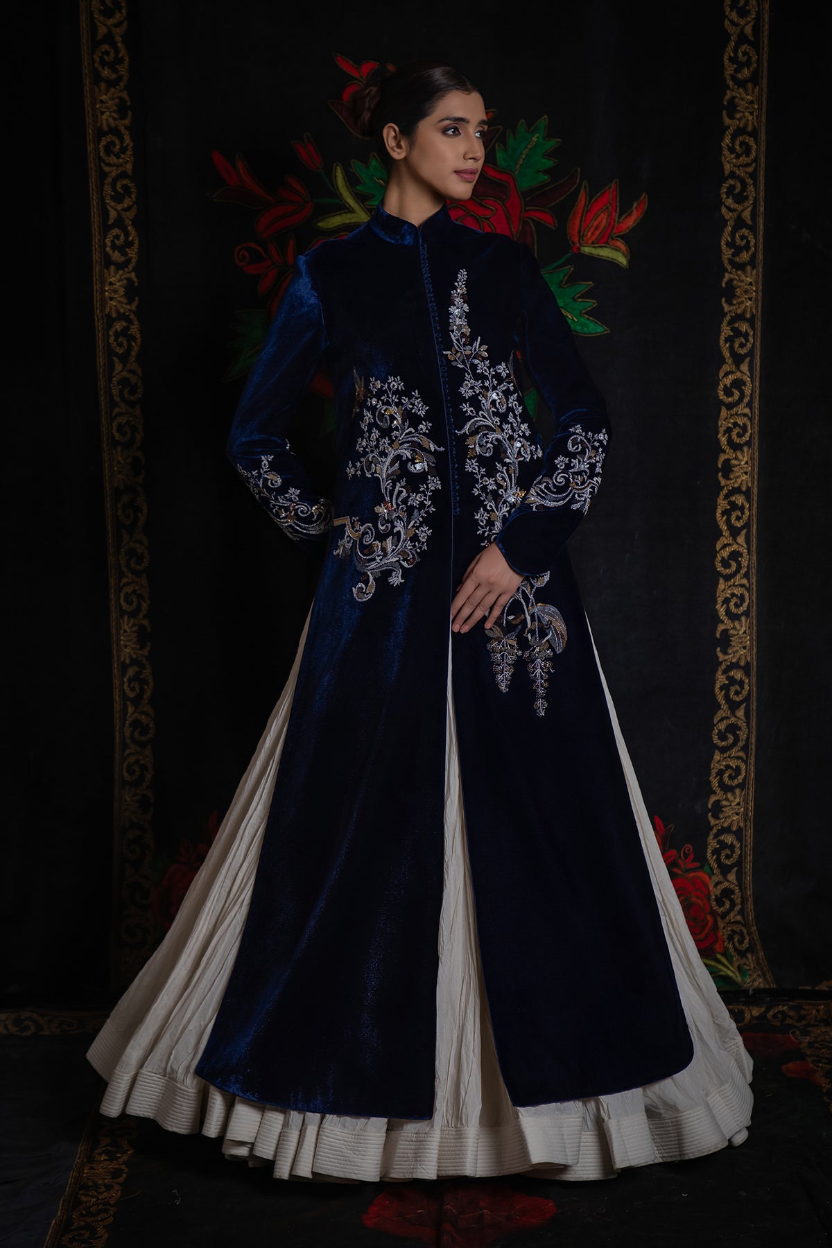 Indigo Long Velvet Jacket With Embroidery