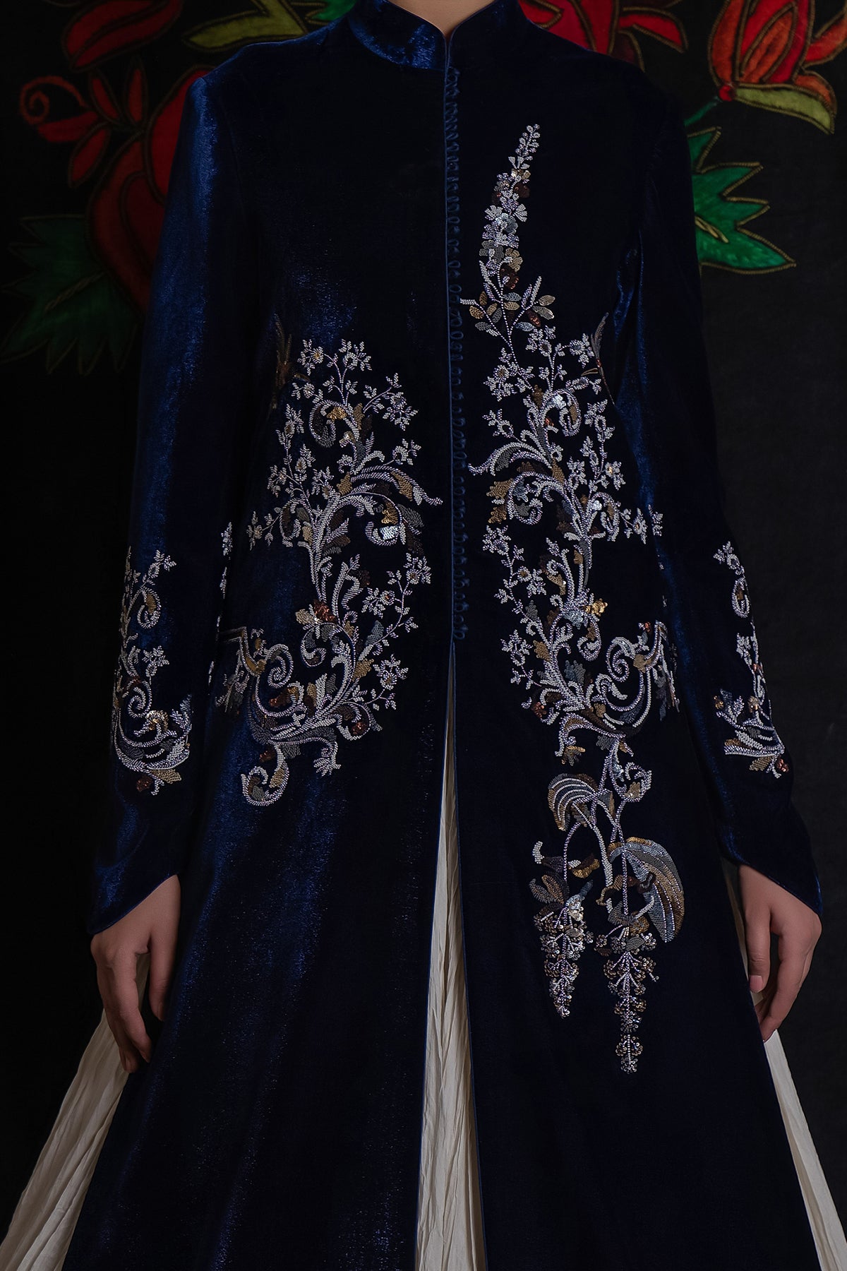 Indigo Long Velvet Jacket With Embroidery