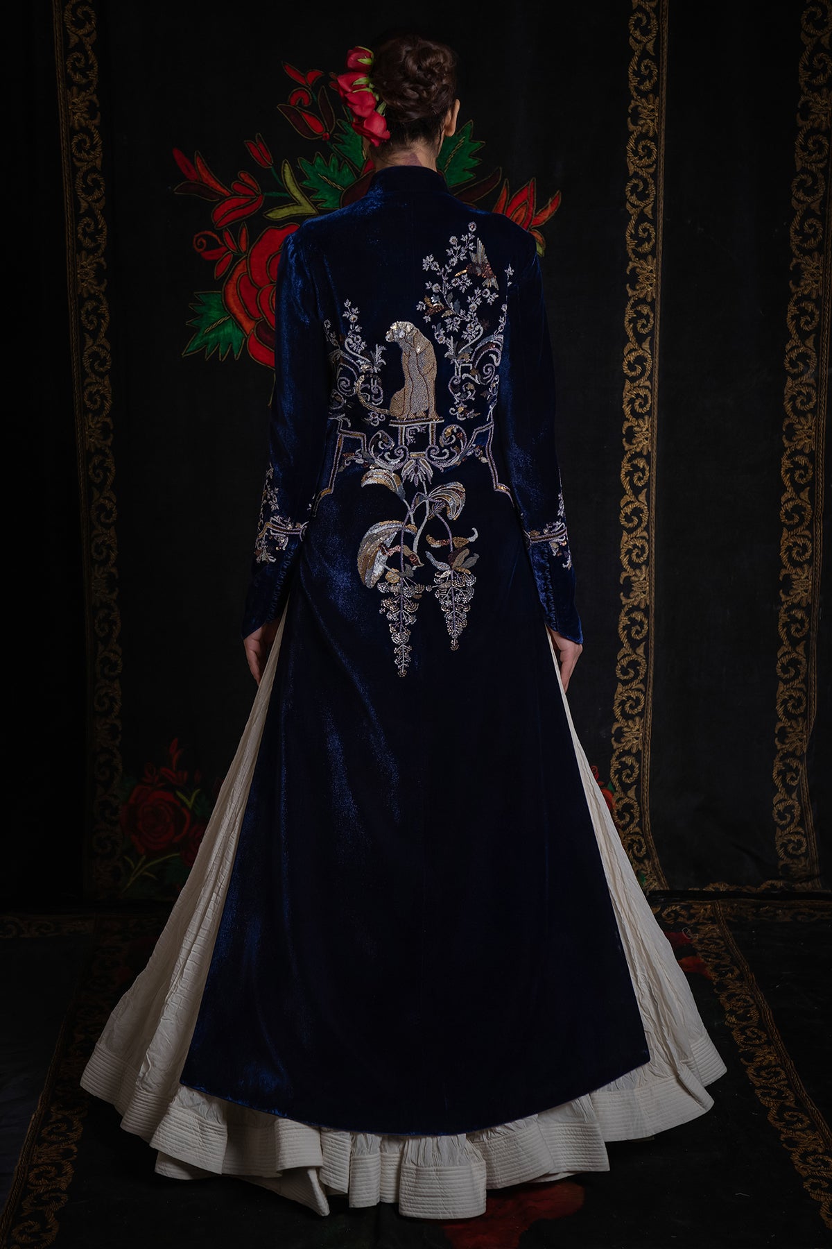 Indigo Long Velvet Jacket With Embroidery