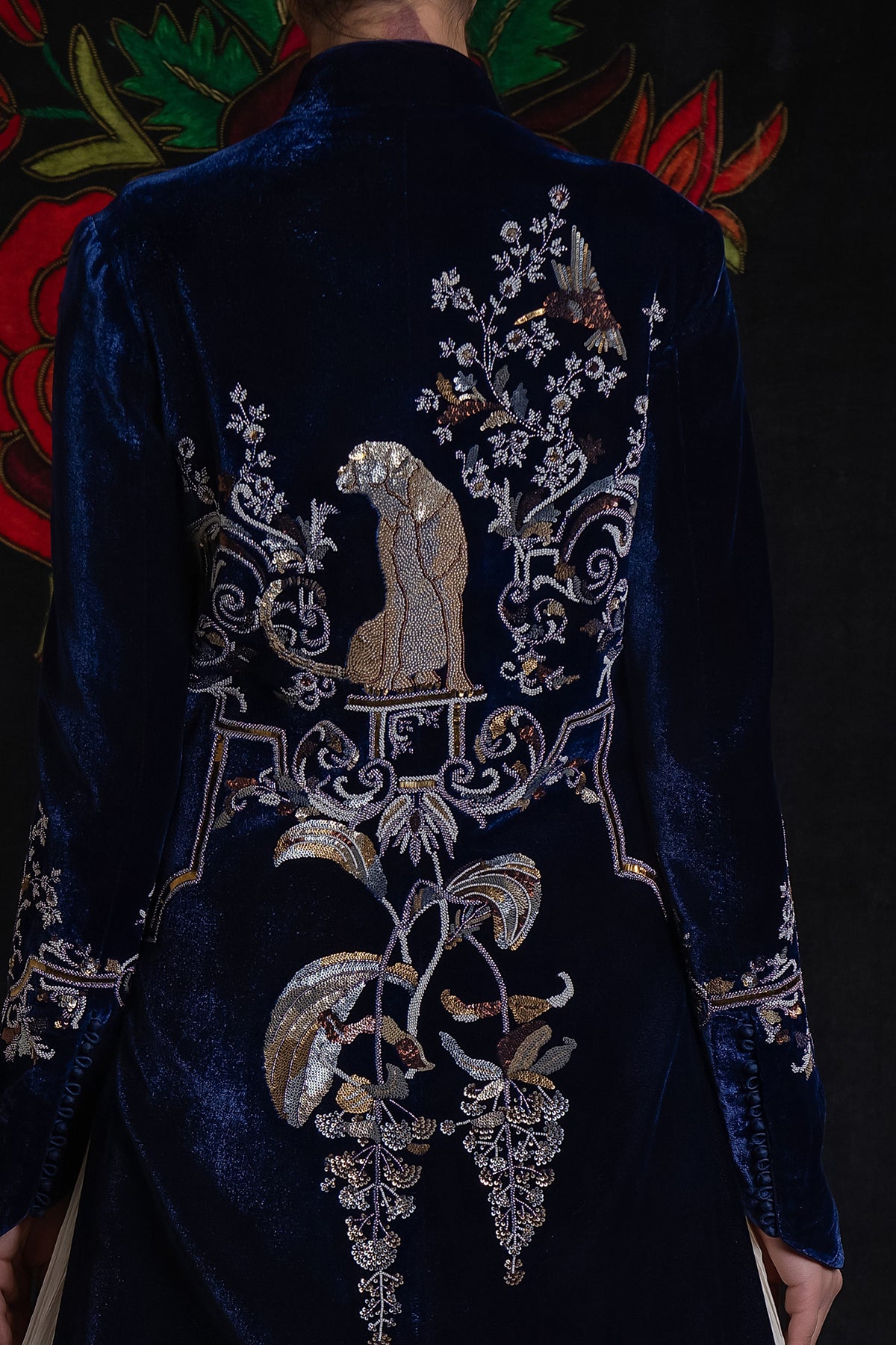 Indigo Long Velvet Jacket With Embroidery