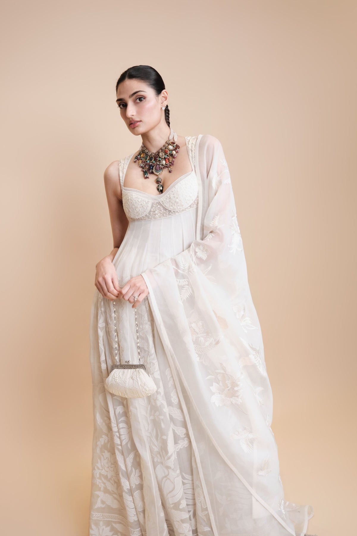 Women's Ivory Silk Organza Anarkali & Dupatta
