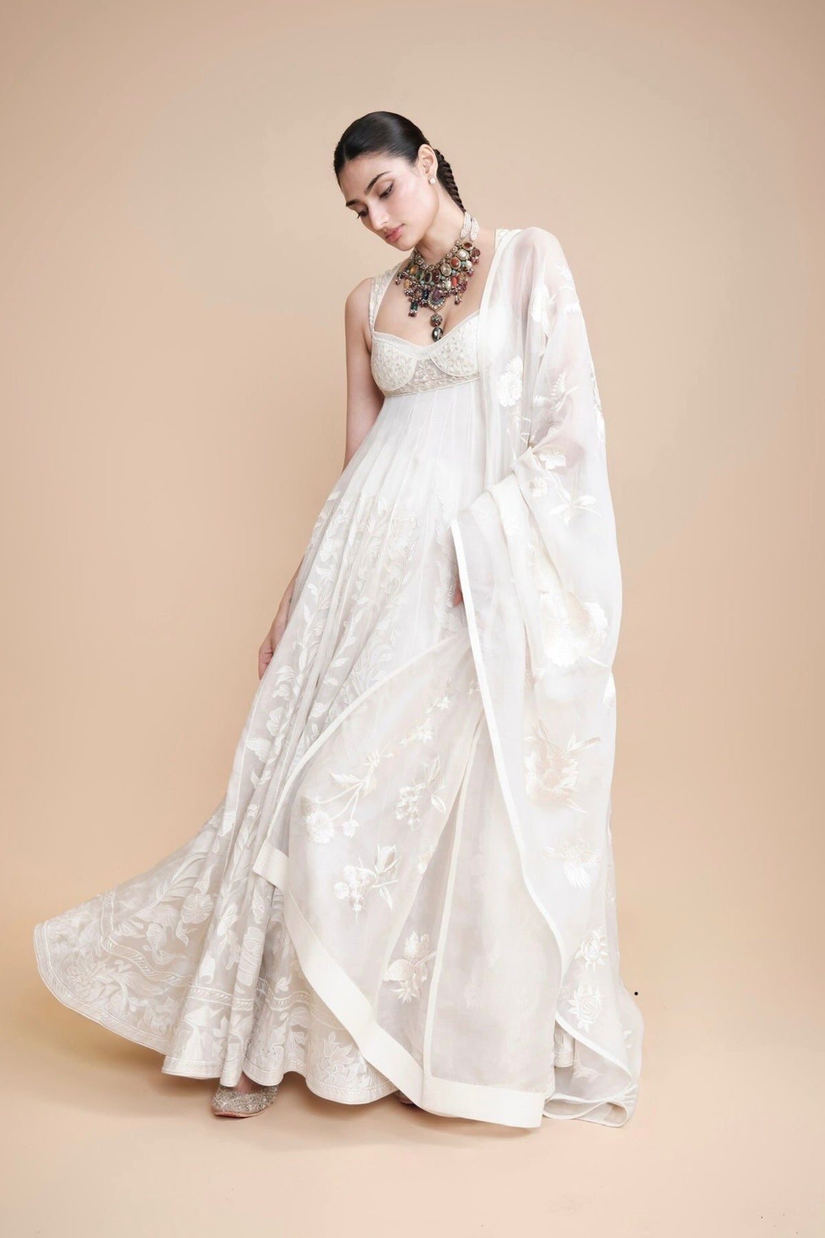 Women's Ivory Silk Organza Anarkali & Dupatta