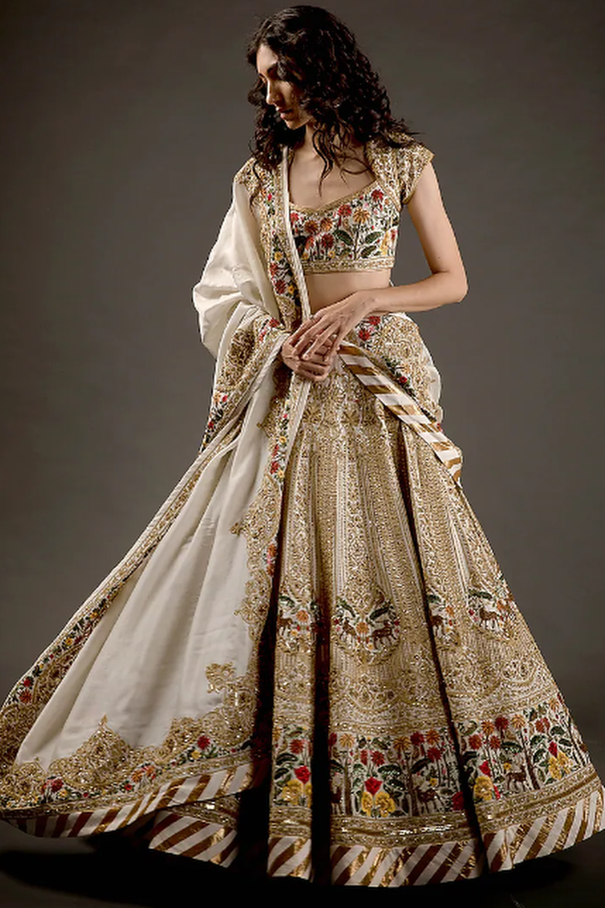 Ivory Chanderi Lehenga Set With Floral Embroidery