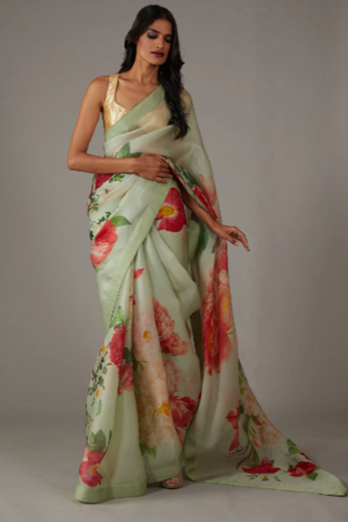 Women'S Mint Green Organza Saree