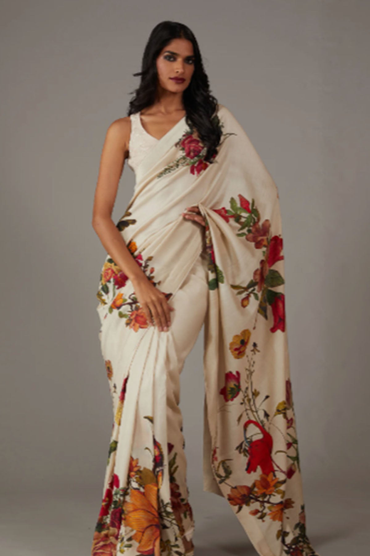 Women'S Chanderi Silk Saree With Multicolour Floral Embroidery