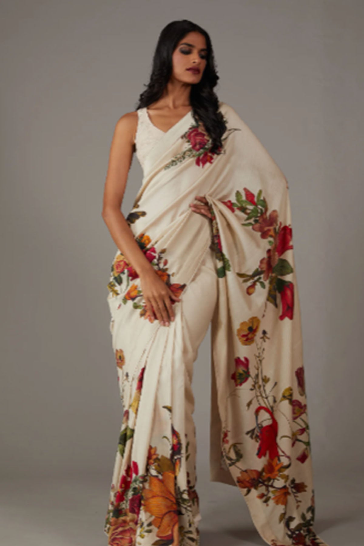 Women'S Chanderi Silk Saree With Multicolour Floral Embroidery