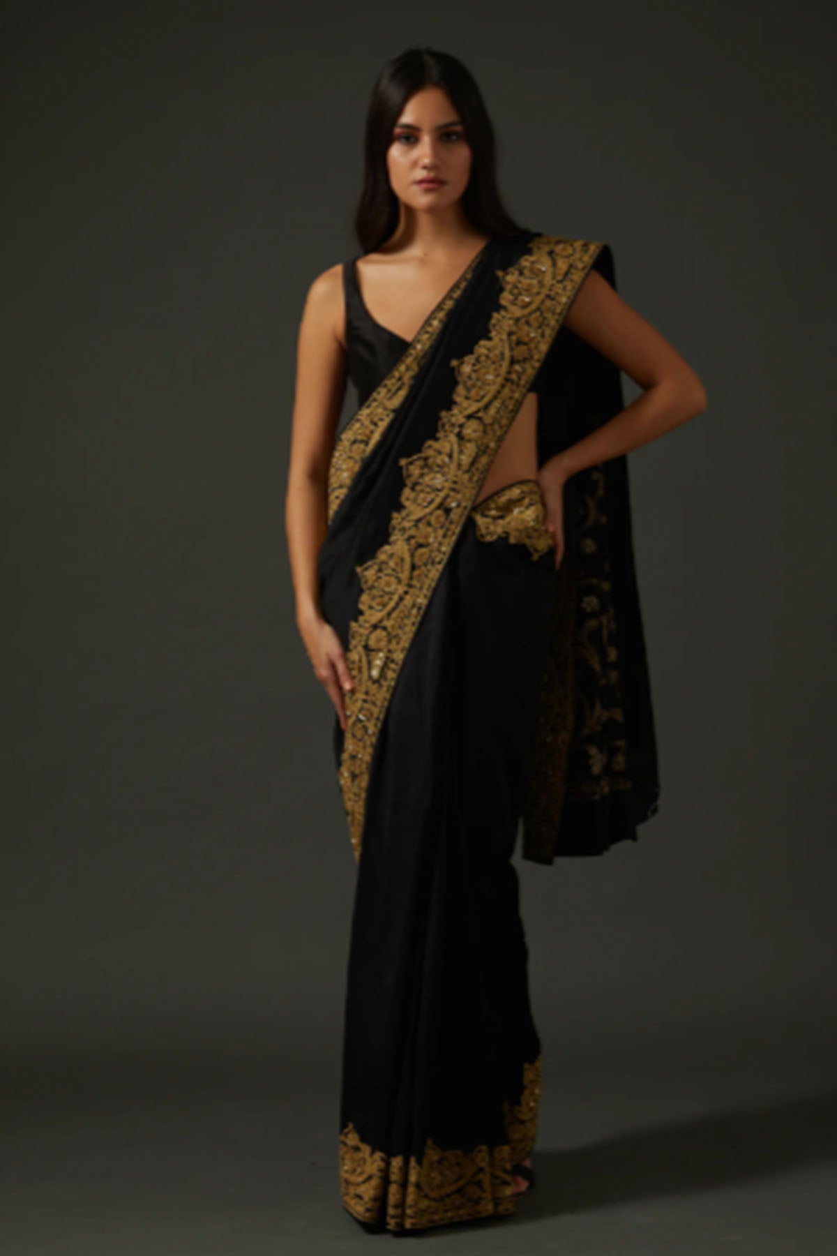 Women'S Embroidered Black Saree