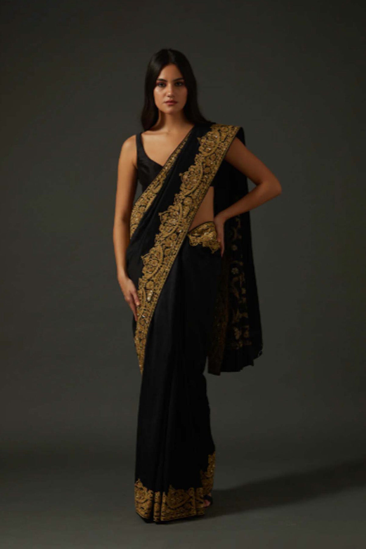 Women's  Embroidered Black Saree