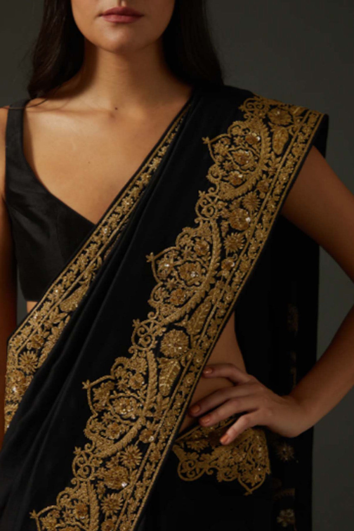 Women's  Embroidered Black Saree