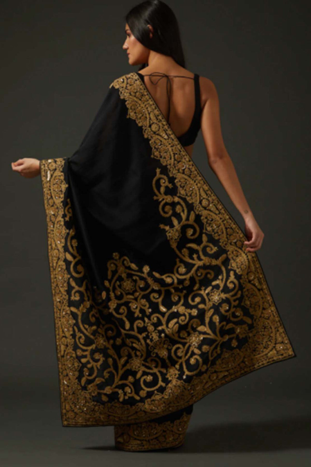Women's  Embroidered Black Saree
