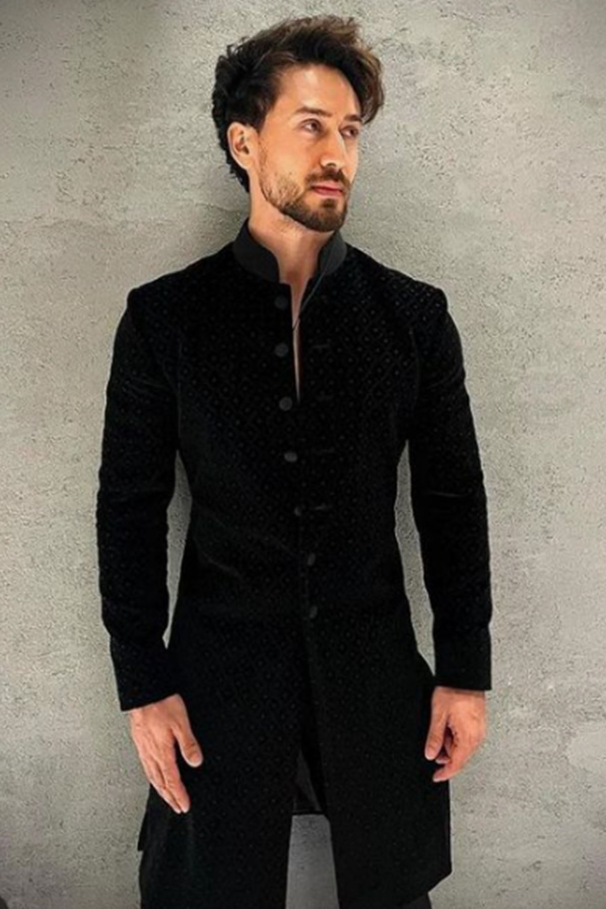 Black Velvet Sherwani With Burfi Resham And Emb Work