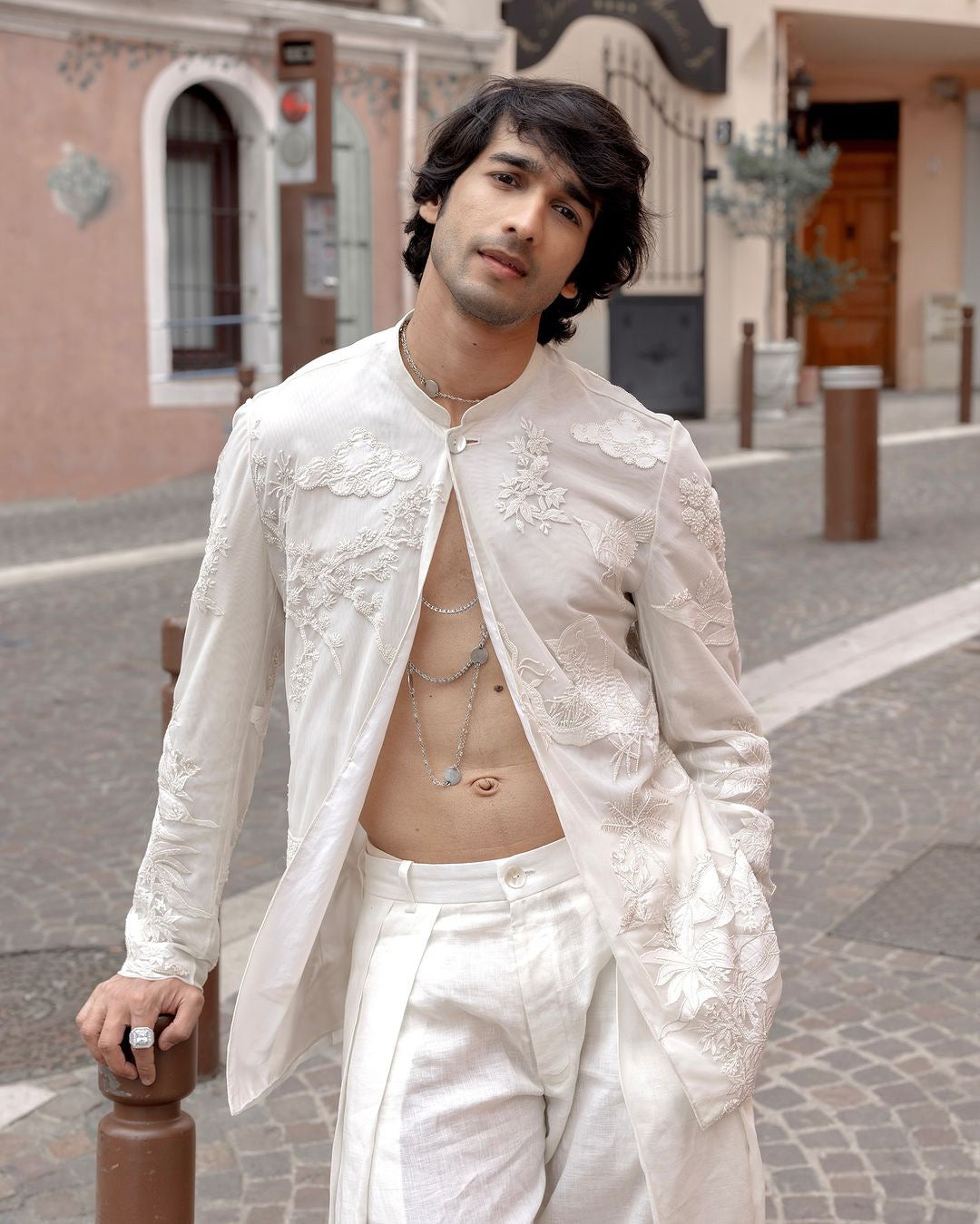 Shantanu in Rohit Bal’s Ivory Net Open Shirt with Floral Embroidery