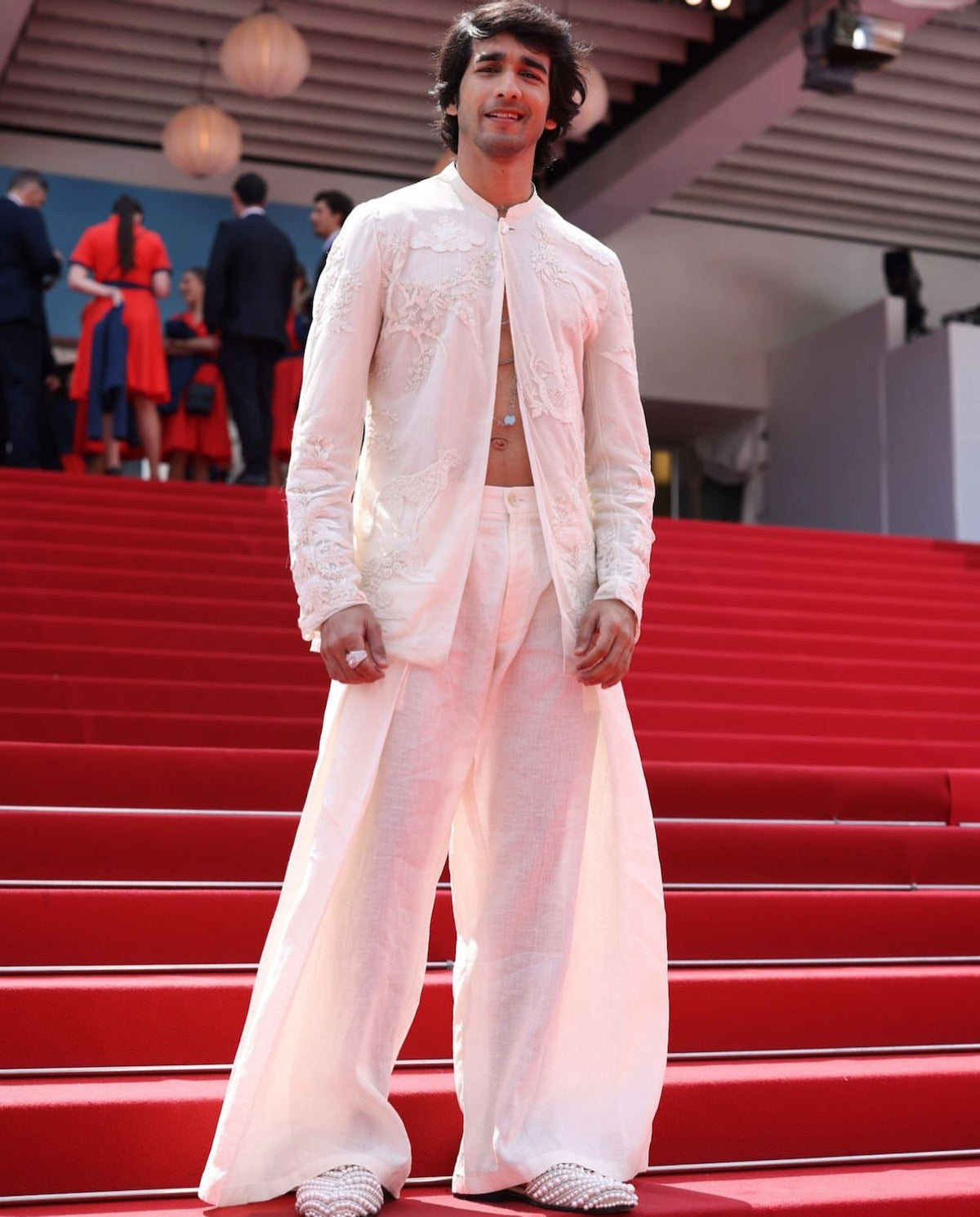 Shantanu in Rohit Bal’s Ivory Net Open Shirt with Floral Embroidery