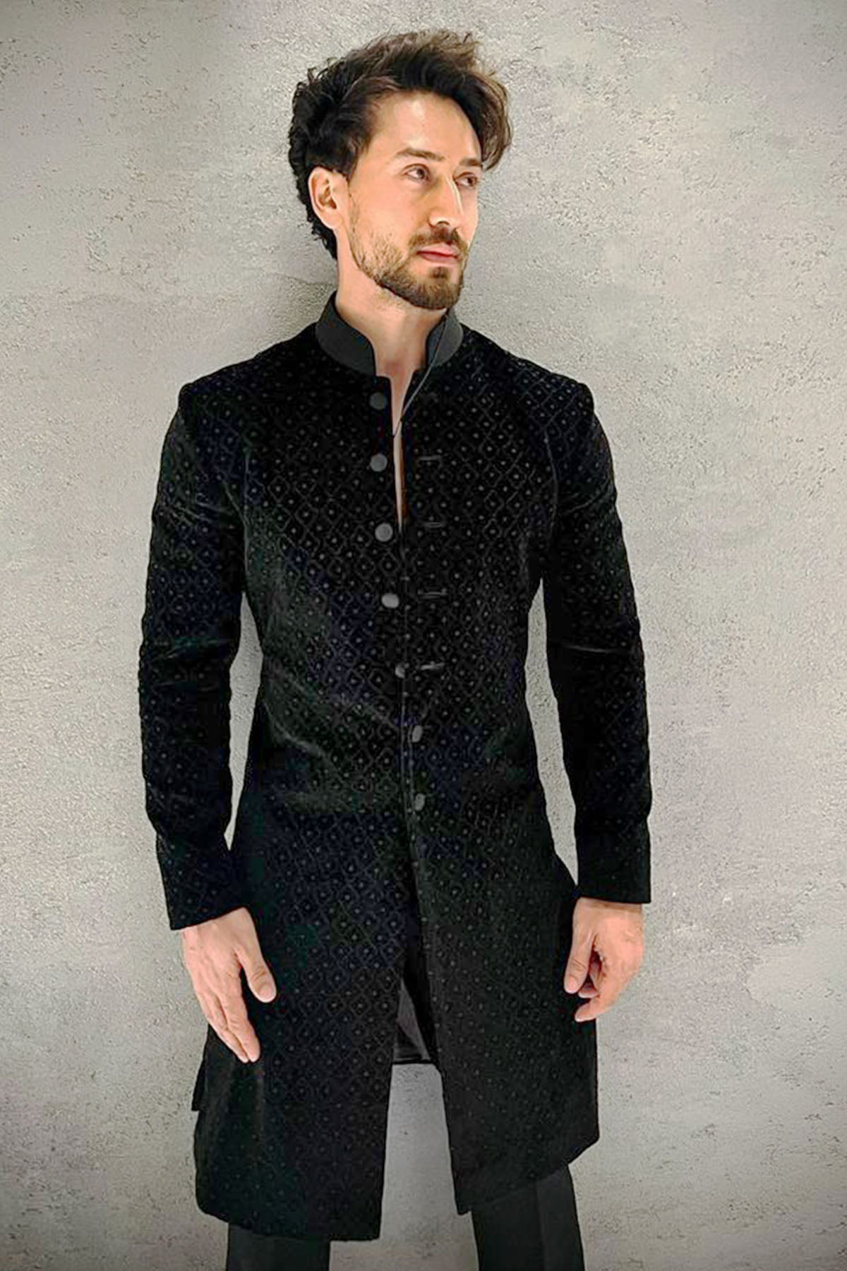 Black Velvet Sherwani With Burfi Resham And Emb Work