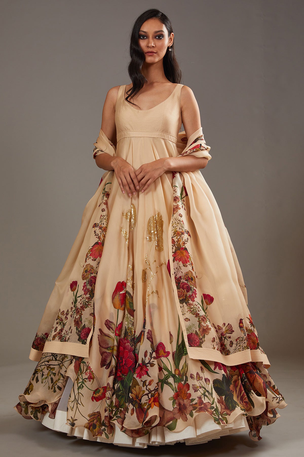 Beige Printed Anarkali Set