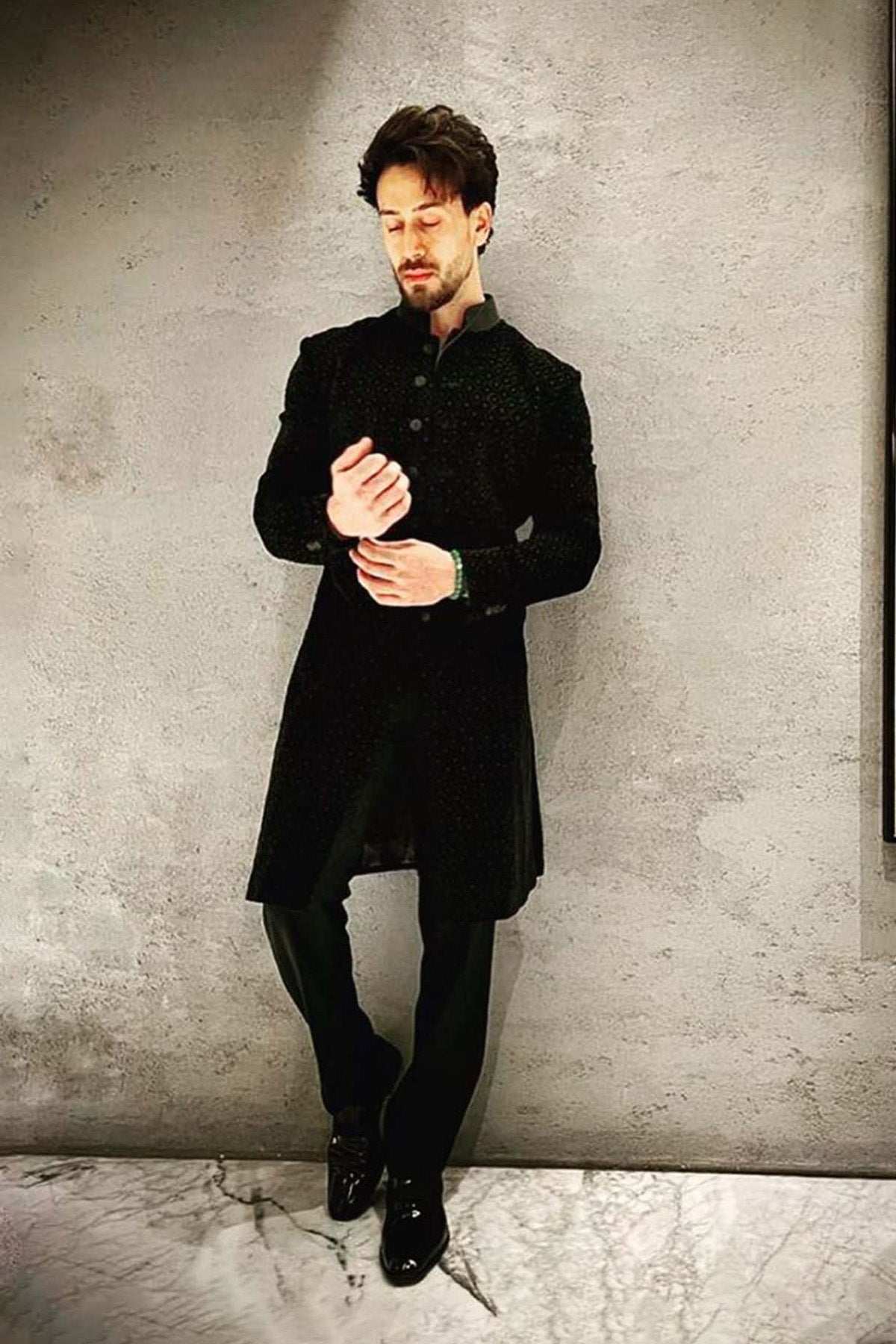 Black velvet Sherwani with burfi resham and emb work