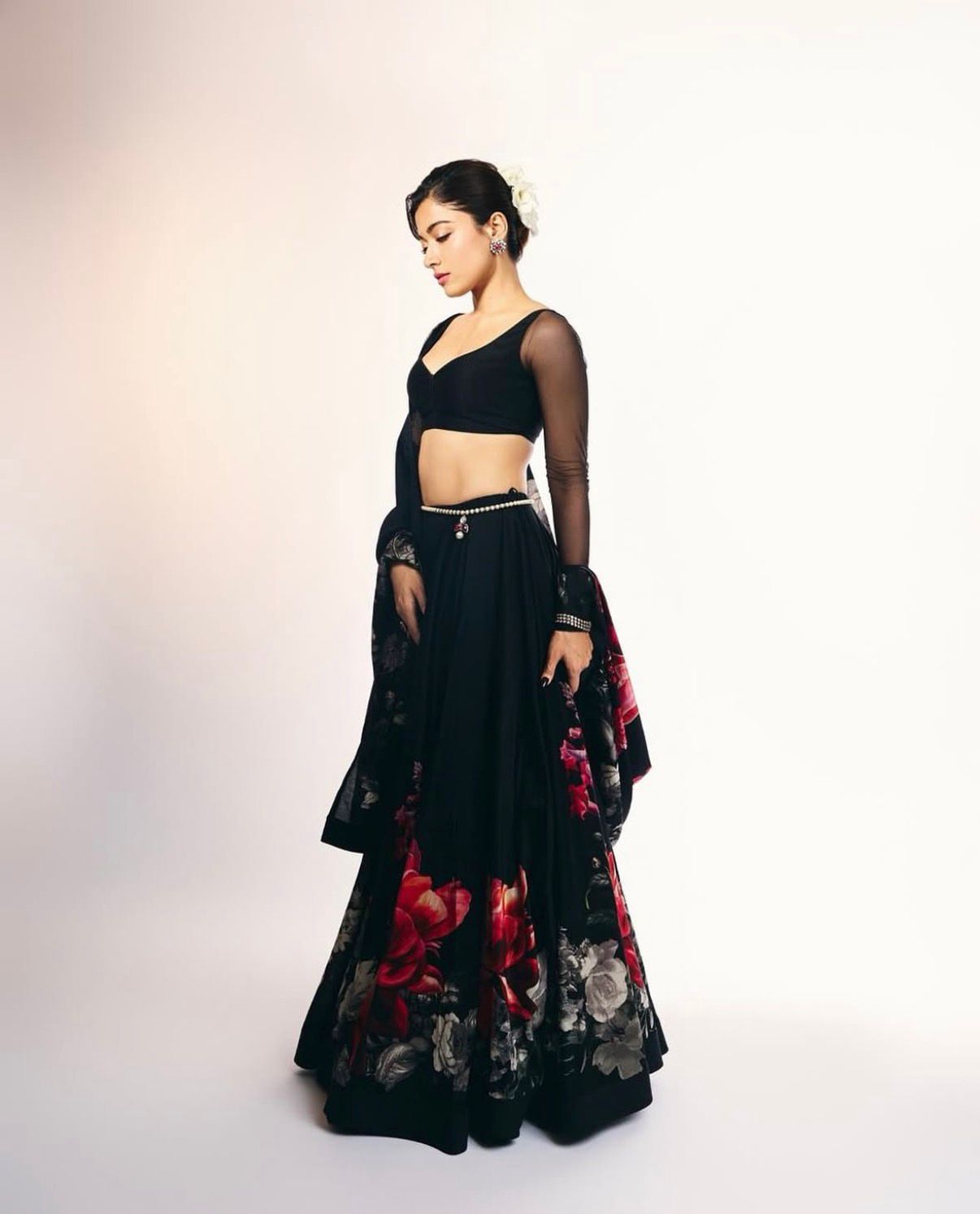 Black Digital Floral Printed Lehenga Set Worn by Rashmika Mandanna
