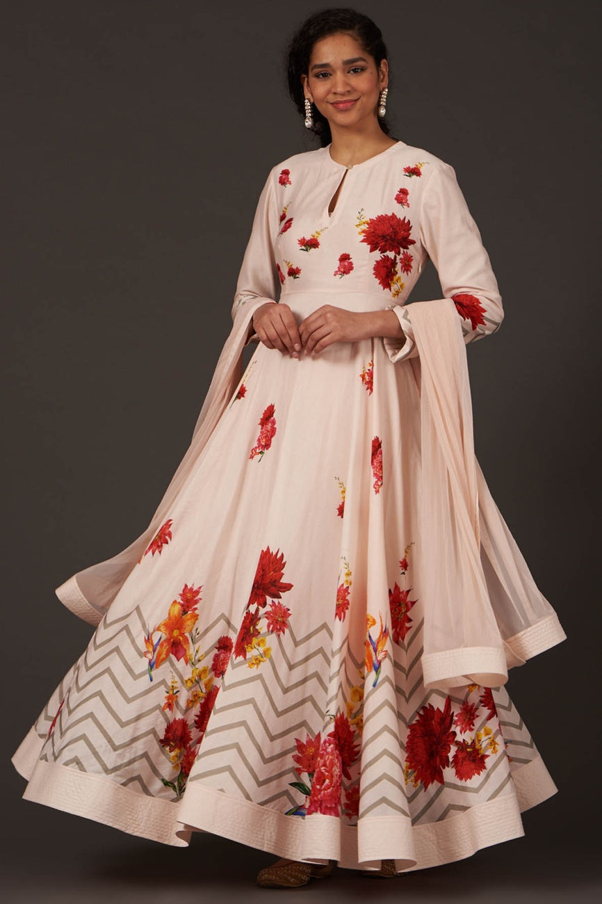 Digital Printed Anarkali Paired Up With Churidar & Dupatta