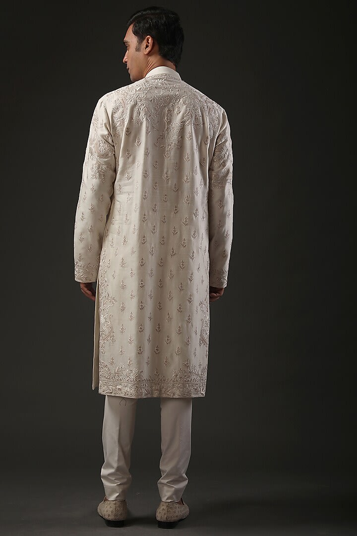 Men Ivory Chanderi Silk Resham Embroidered Kurta Set