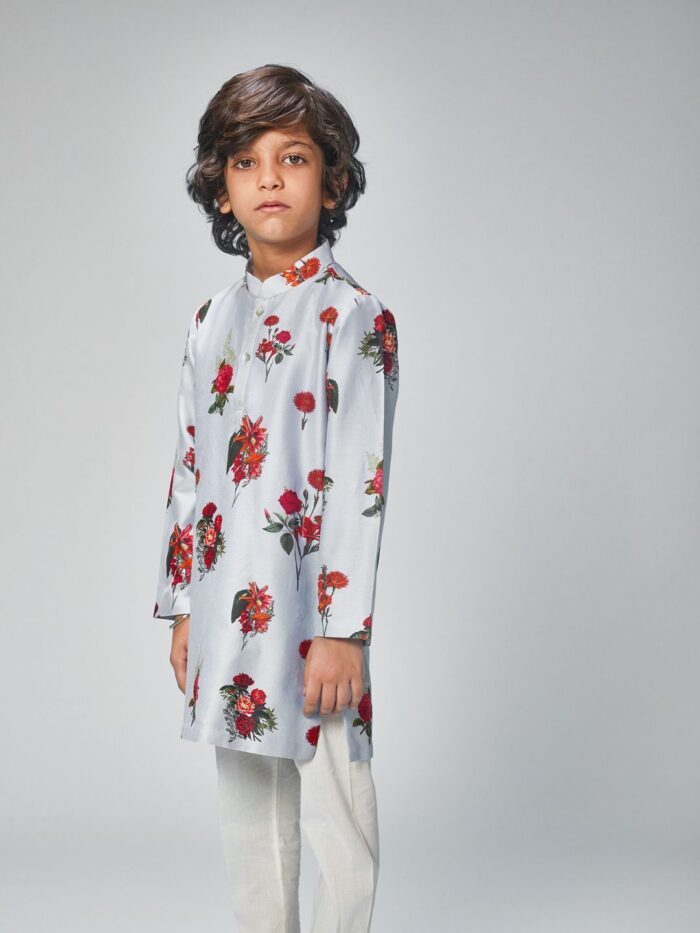 Chanderi powder blue flower printed kurta set - Image 2