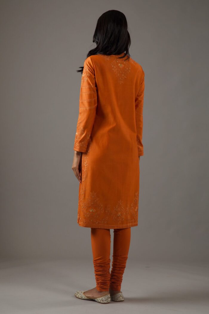 CHANDERI SILK RELAX FIR RUST ORANGE ALL OVER EMBROIDERY KURTA SET WITH CRINKLE DUPATTA - Image 3