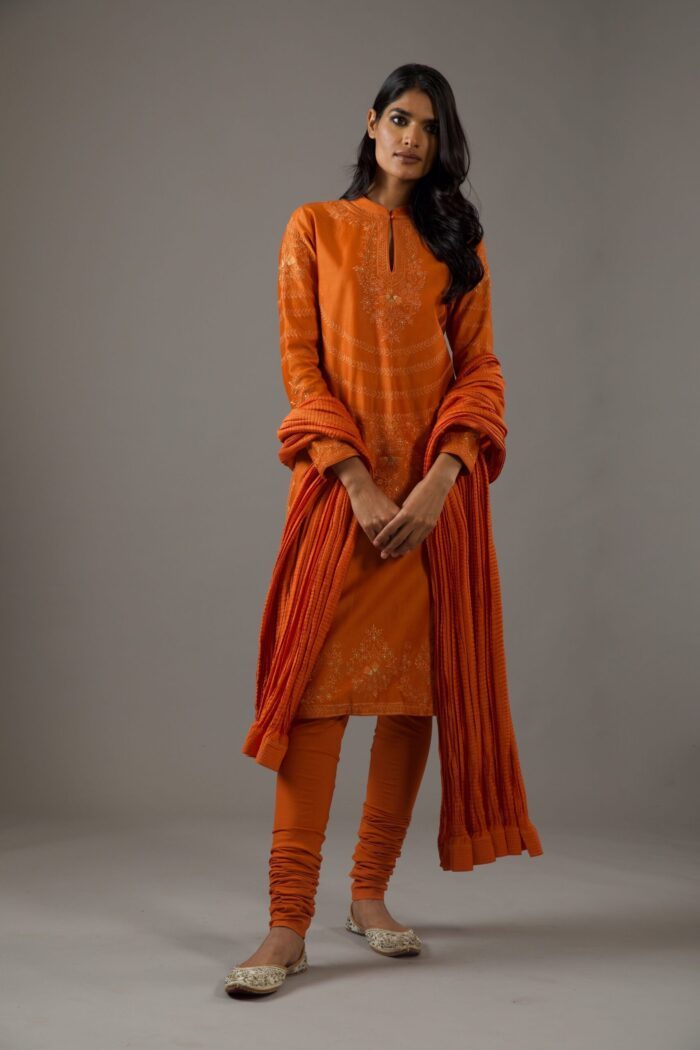 CHANDERI SILK RELAX FIR RUST ORANGE ALL OVER EMBROIDERY KURTA SET WITH CRINKLE DUPATTA