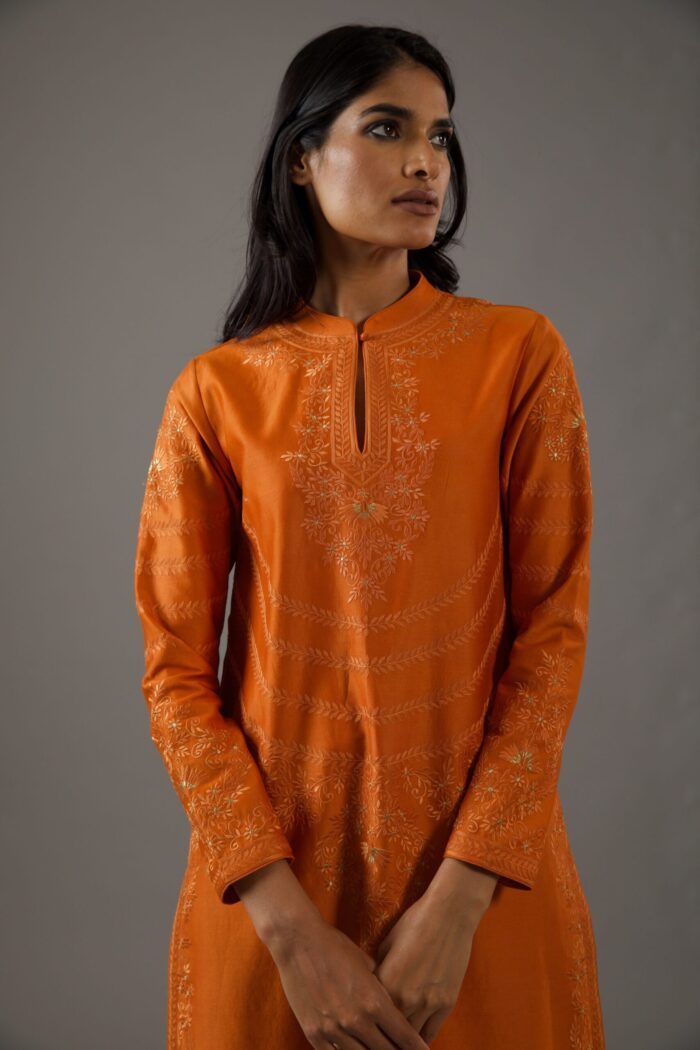 CHANDERI SILK RELAX FIR RUST ORANGE ALL OVER EMBROIDERY KURTA SET WITH CRINKLE DUPATTA - Image 2