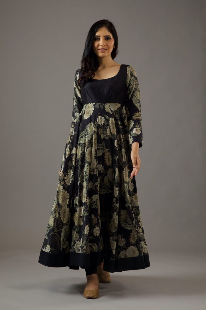 CHANDERI SILK BLACK PRINTED ANARKALI SET