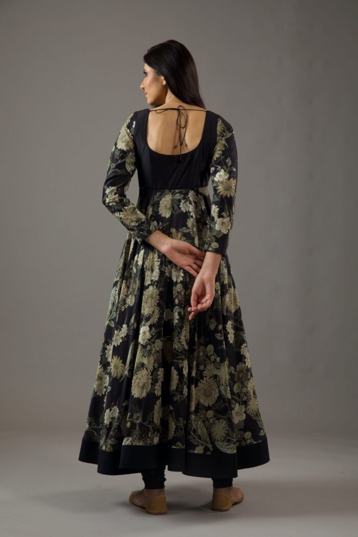 CHANDERI SILK BLACK PRINTED ANARKALI SET - Image 4