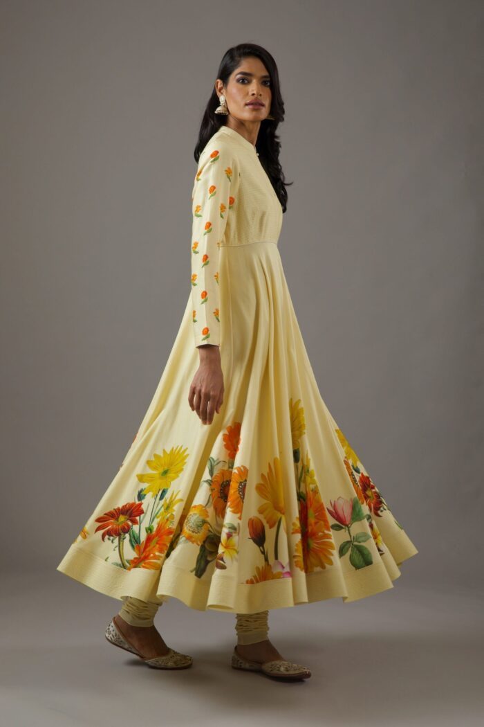 CHANDERI SILK LEMON YELLOW PRINTED ANARKALI SET - Image 2