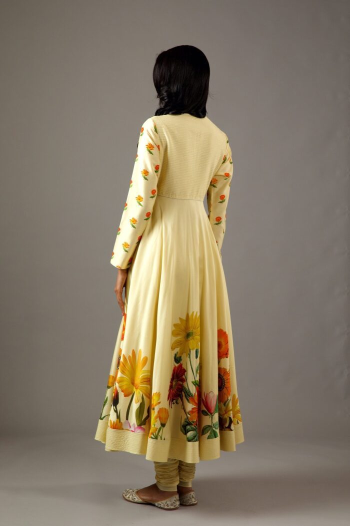 CHANDERI SILK LEMON YELLOW PRINTED ANARKALI SET - Image 3