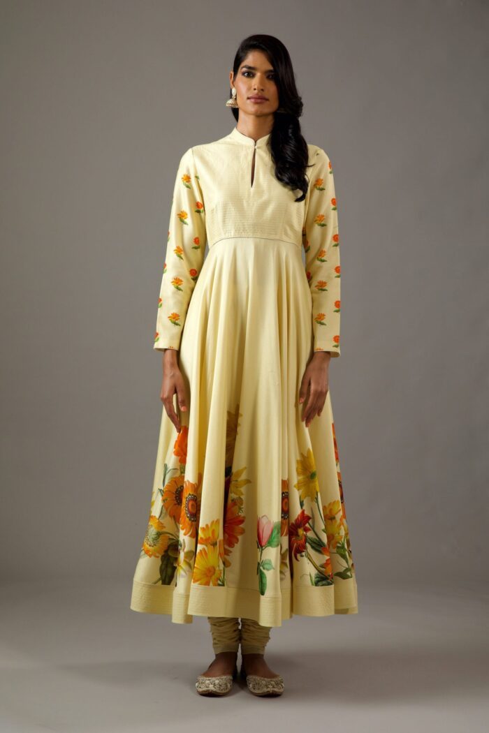 CHANDERI SILK LEMON YELLOW PRINTED ANARKALI SET