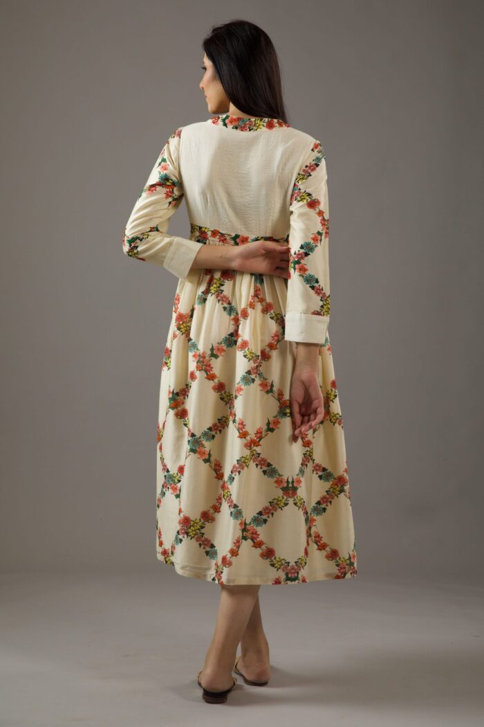 CHANDERI SILK WITH STITCH LINE WITH FITTED YOKE DRESS WITH PRINT BODY - Image 2