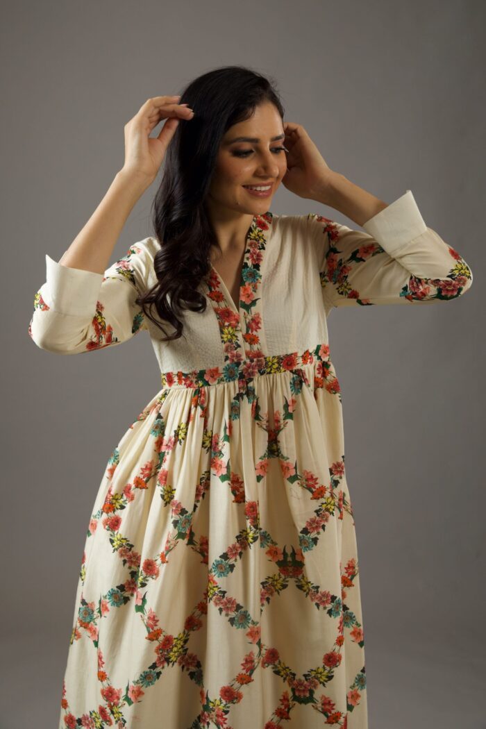 CHANDERI SILK WITH STITCH LINE WITH FITTED YOKE DRESS WITH PRINT BODY - Image 3