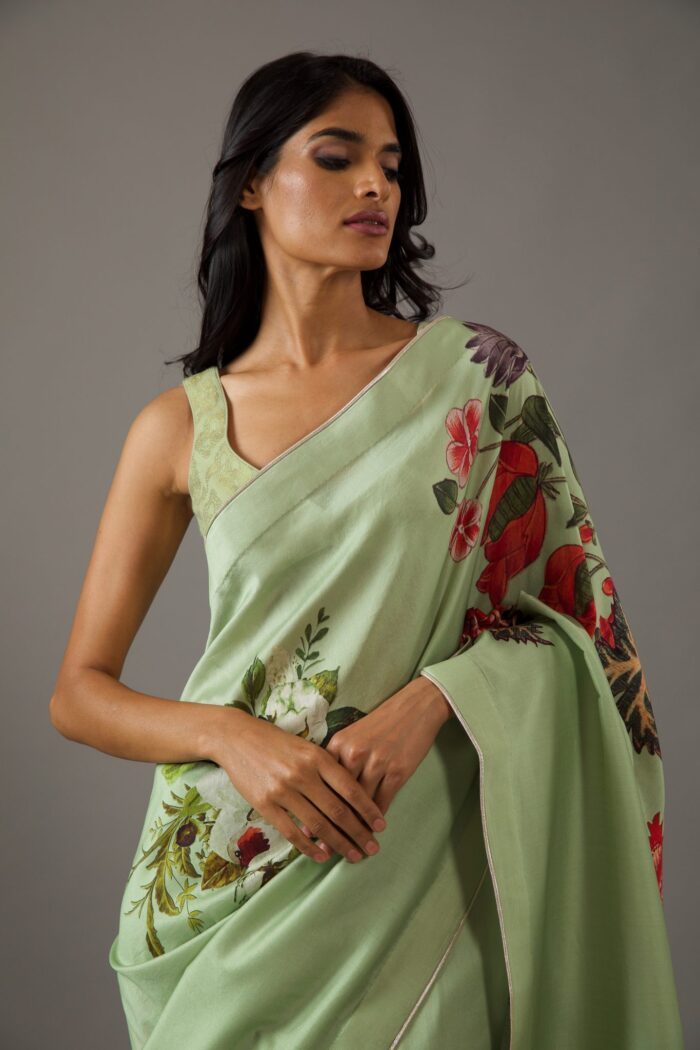 MINT GREEN SILK CHANDERI SAREE WITH FLORAL MULTICOLOUR PRINT - Image 3