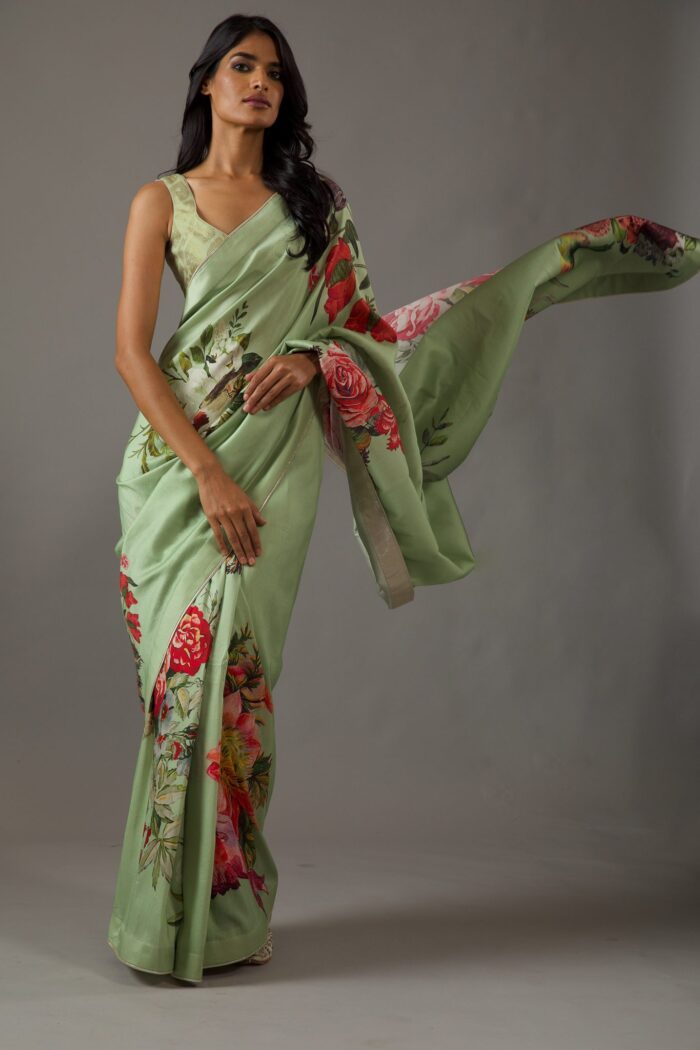 MINT GREEN SILK CHANDERI SAREE WITH FLORAL MULTICOLOUR PRINT