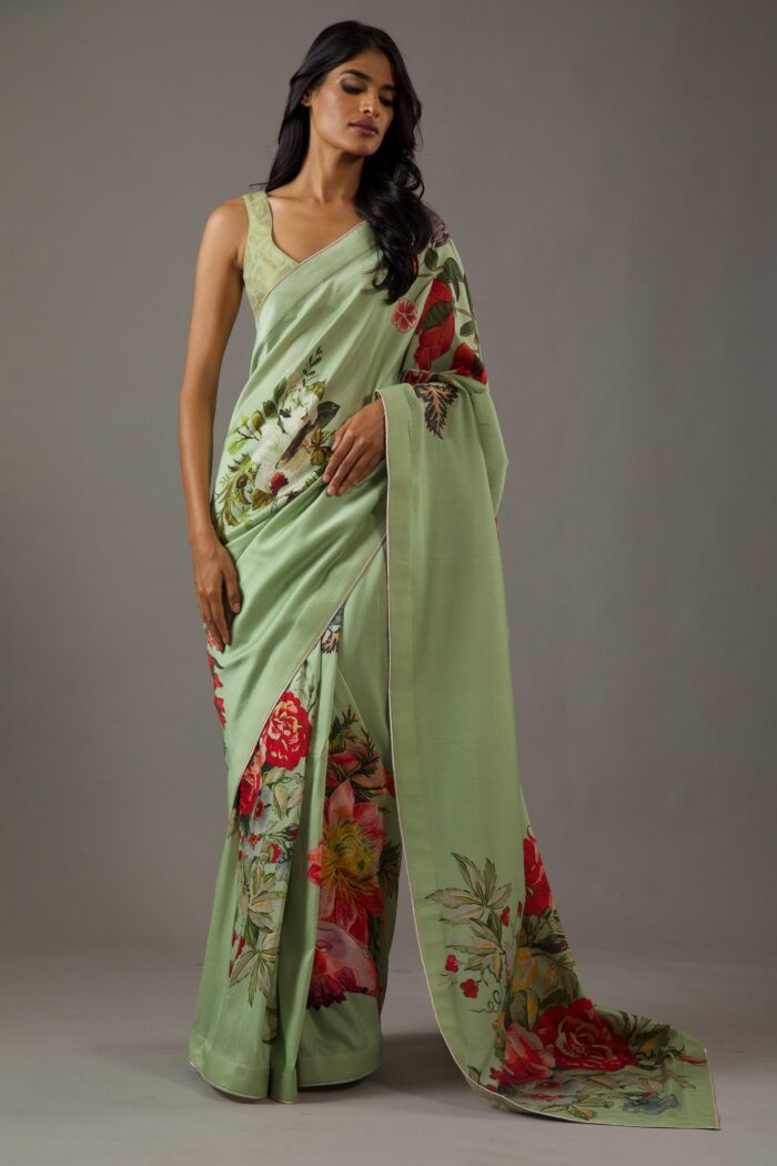 MINT GREEN SILK CHANDERI SAREE WITH FLORAL MULTICOLOUR PRINT - Image 2