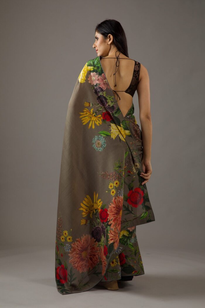 PEWTER GREEN SILK CHANDERI SAREE - Image 4