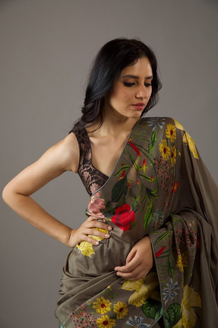 PEWTER GREEN SILK CHANDERI SAREE - Image 3