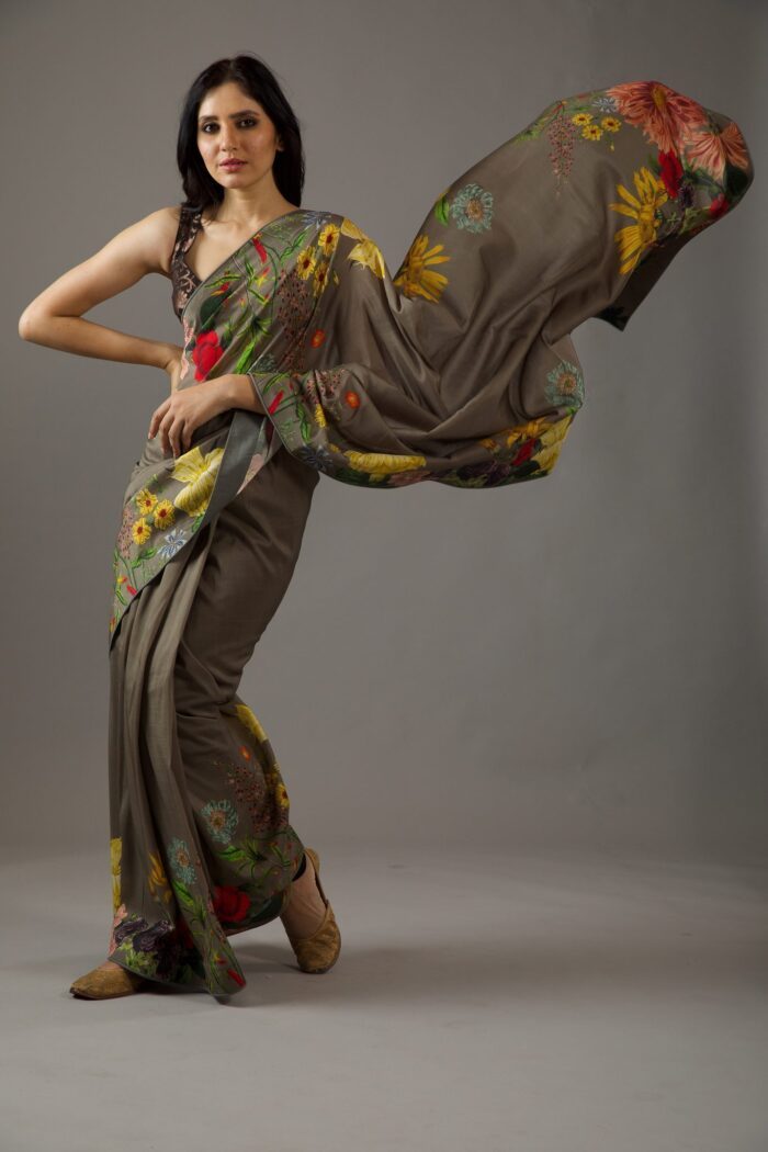 PEWTER GREEN SILK CHANDERI SAREE - Image 2