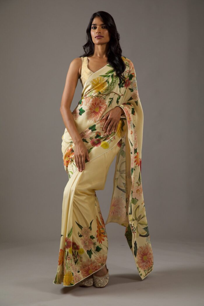 LEMON YELLOW SILK CHANDERI SAREE - Image 2