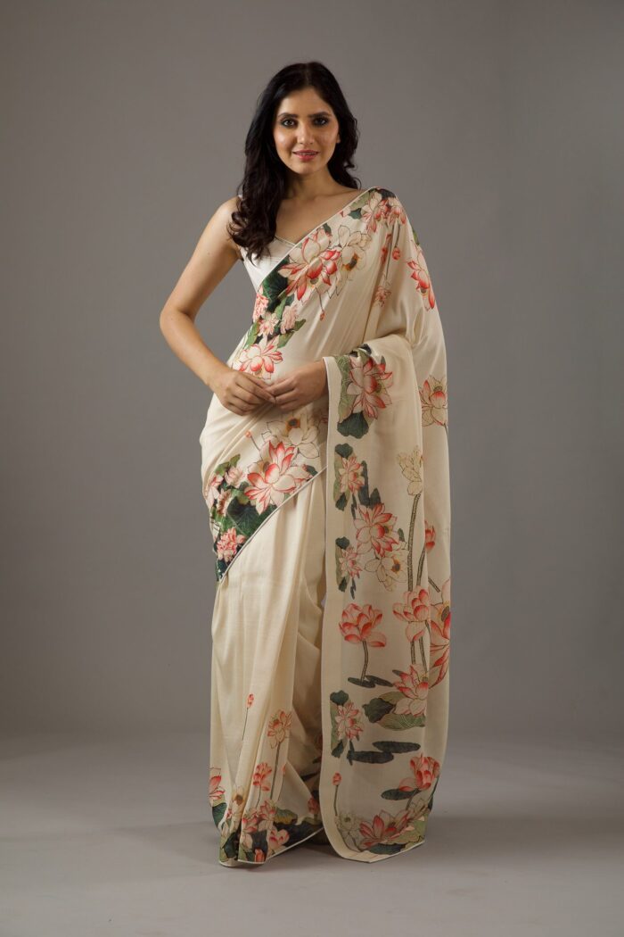 IVORY SILK CHANDERI SAREE WITH DIGITAL PRINT.